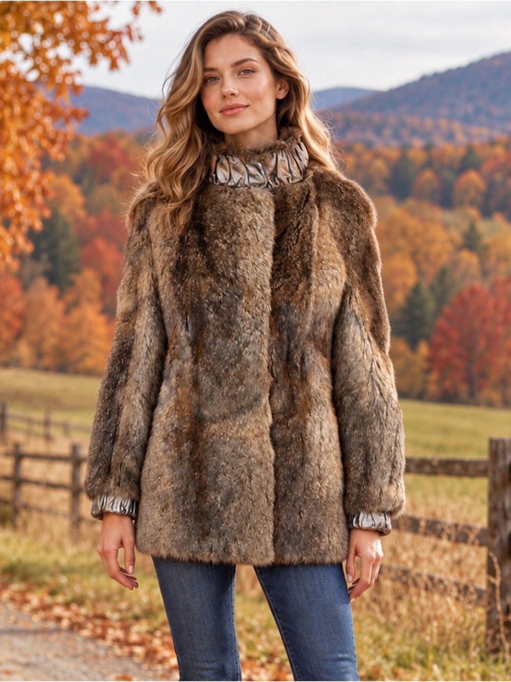 Vintage Genuine Raccoon Fur Coat Mid Length Metallic Bronze Leather Collar